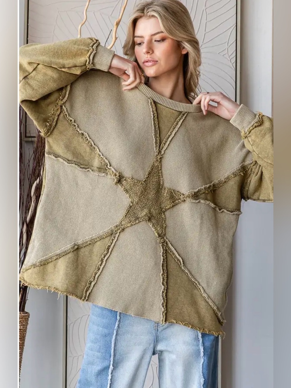 NEW Oli & Hali Oversized Star Pullover With Pockets Olive Waffle Patchwork